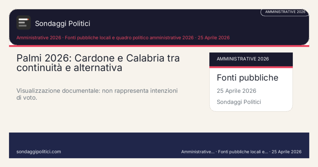 Card editoriale Fonti pubbliche citate Scheda documentale senza percentuali di sondaggio.: Palmi 2026: Cardone e Calabria tra continuità e alternativa. Visualizzazione documentale: non rappresenta intenzioni di voto.. Schema didattico editoriale: non rappresenta un sondaggio reale.