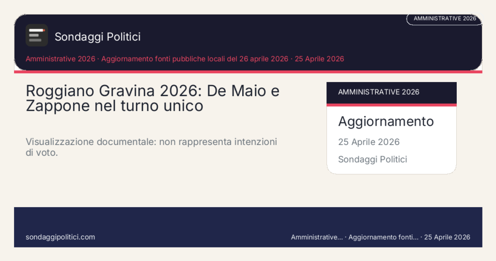 Card editoriale Fonti pubbliche citate Scheda documentale senza percentuali di sondaggio.: Roggiano Gravina 2026: De Maio e Zappone nel turno unico. Visualizzazione documentale: non rappresenta intenzioni di voto.. Schema didattico editoriale: non rappresenta un sondaggio reale.