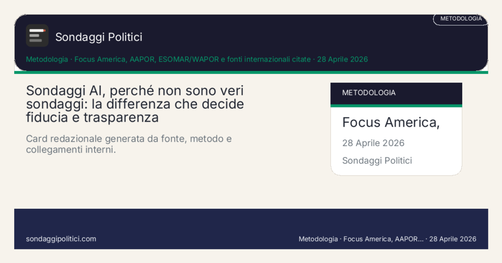 Card editoriale Focus America, AAPOR, ESOMAR/WAPOR e fonti internazionali citate Fonte, metodo e contesto dichiarati nel corpo dell'articolo.: Sondaggi AI, perché non sono veri sondaggi: la differenza che decide fiducia e trasparenza. Card redazionale generata da fonte, metodo e collegamenti interni.. Schema didattico editoriale: non rappresenta un sondaggio reale.
