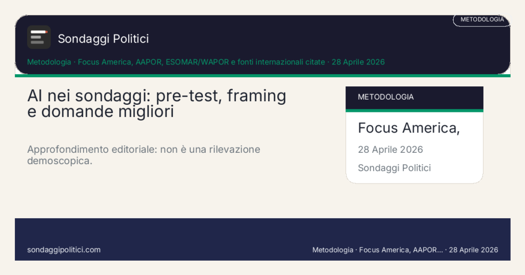 Card editoriale Focus America, AAPOR, ESOMAR/WAPOR e fonti internazionali citate Sondaggi AI, simulazioni e trasparenza: AI nei sondaggi: pre-test, framing e domande migliori. Approfondimento editoriale: non è una rilevazione demoscopica.. Le simulazioni AI non sostituiscono interviste, fieldwork e campioni reali.