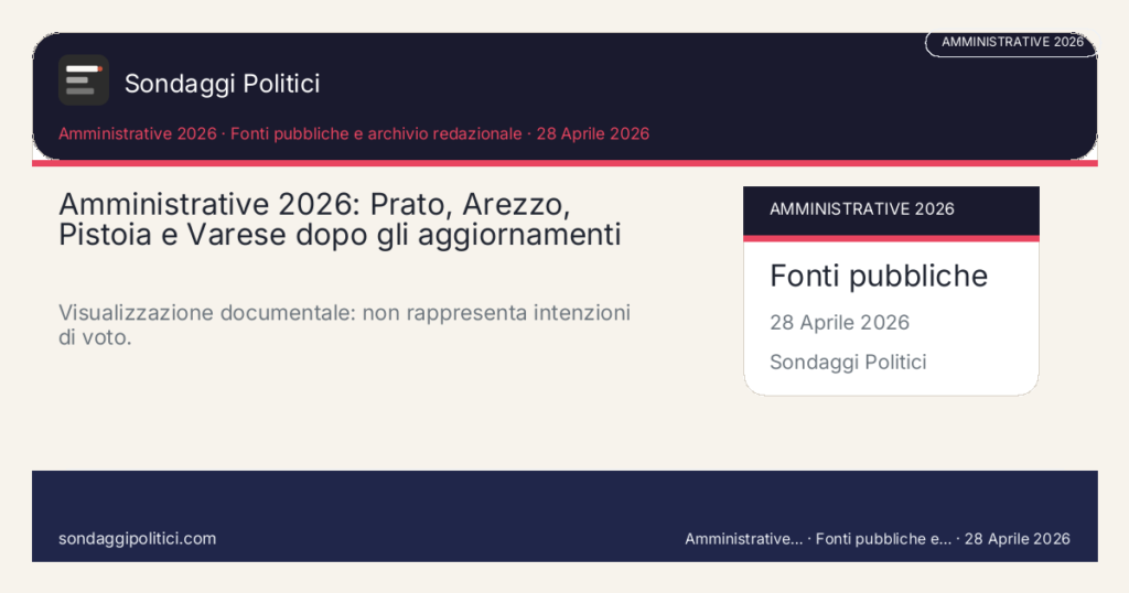 Card editoriale Fonti pubbliche e archivio redazionale Scheda documentale senza percentuali di sondaggio.: Amministrative 2026: Prato, Arezzo, Pistoia e Varese dopo gli aggiornamenti. Visualizzazione documentale: non rappresenta intenzioni di voto.. Schema didattico editoriale: non rappresenta un sondaggio reale.