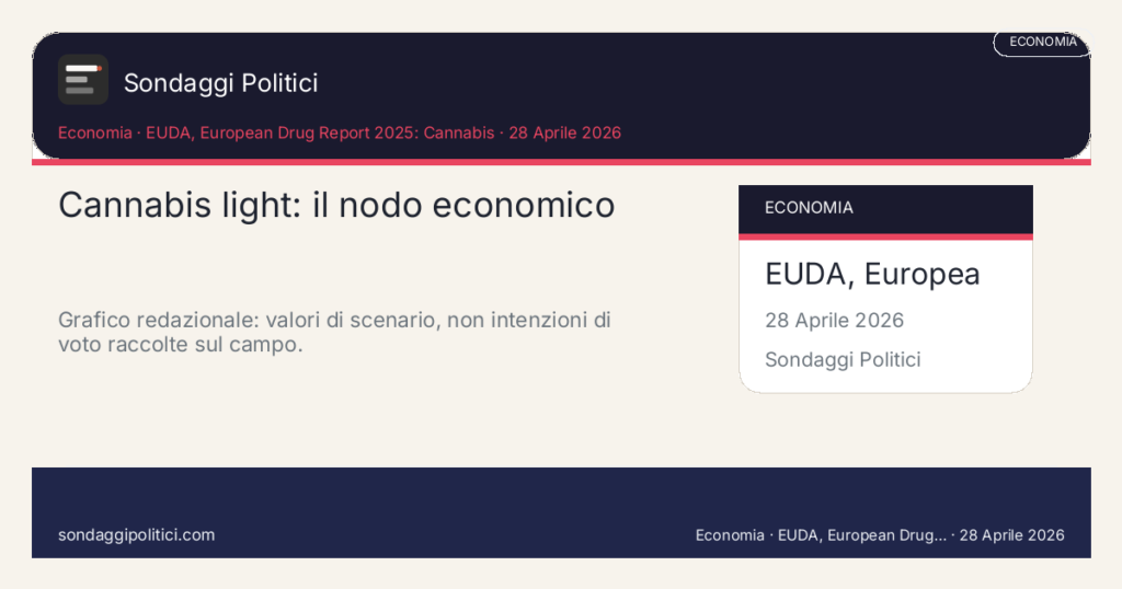 Card editoriale EUDA, European Drug Report 2025: Cannabis Il dibattito non riguarda solo consumo, ma imprese, negozi, agricoltura e incertezza normativa.: Cannabis light: il nodo economico. Grafico redazionale: valori di scenario, non intenzioni di voto raccolte sul campo.. Contenuto editoriale informativo è di ricerca: non è un sondaggio reale né una rilevazione originale del sito.