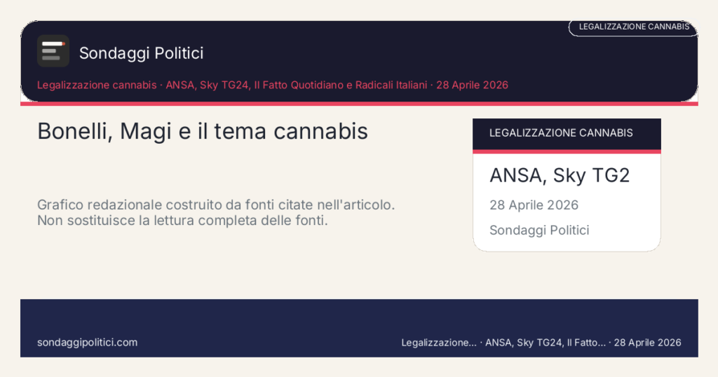 Card editoriale ANSA, Sky TG24, Il Fatto Quotidiano e Radicali Italiani Stesso dossier, grammatiche diverse: pop, Parlamento, diritti, mafie, giovani, Stato penale.: Bonelli, Magi e il tema cannabis. Grafico redazionale costruito da fonti citate nell'articolo. Non sostituisce la lettura completa delle fonti.. Schema didattico editoriale: non rappresenta un sondaggio reale.
