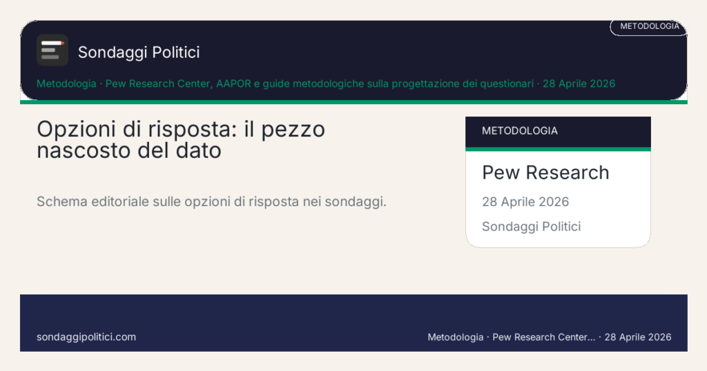 Card editoriale Pew Research Center, AAPOR e guide metodologiche sulla progettazione dei questionari Quattro controlli prima di commentare un numero: Opzioni di risposta: il pezzo nascosto del dato. Schema editoriale sulle opzioni di risposta nei sondaggi.. Guida metodologica: questo visual non mostra un nuovo sondaggio del sito, ma riassume come leggere le opzioni di risposta.