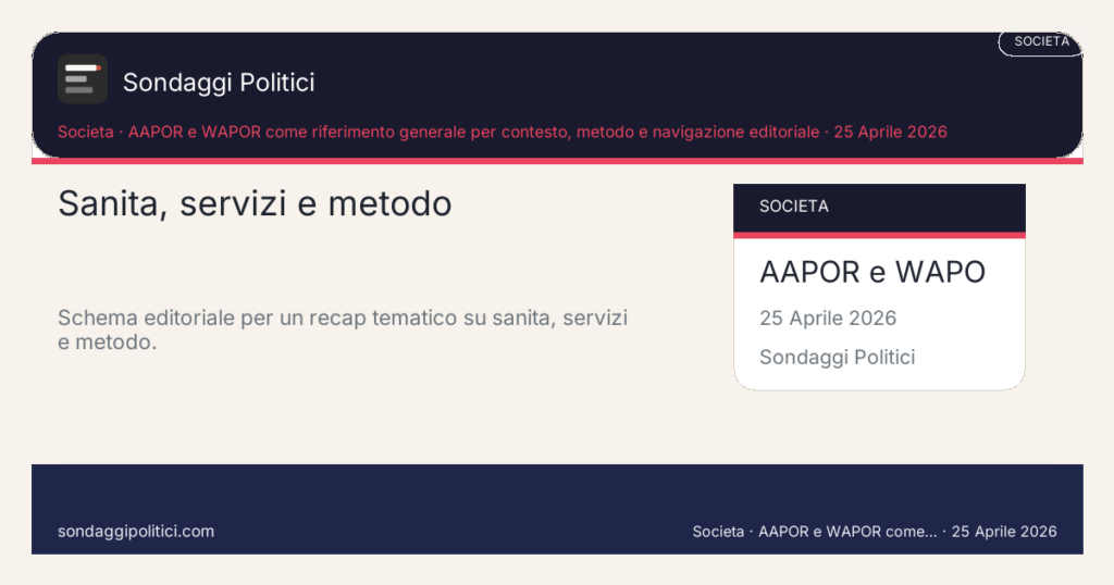 Card editoriale AAPOR e WAPOR come riferimento generale per contesto, metodo e navigazione editoriale 10 letture da recuperare tra gli ultimi 20 online: Sanità, servizi e metodo. Schema editoriale per un recap tematico su sanità, servizi e metodo.. Recap editoriale: questo visual non mostra un nuovo sondaggio del sito, ma organizza una selezione di contenuti già pubblicati.