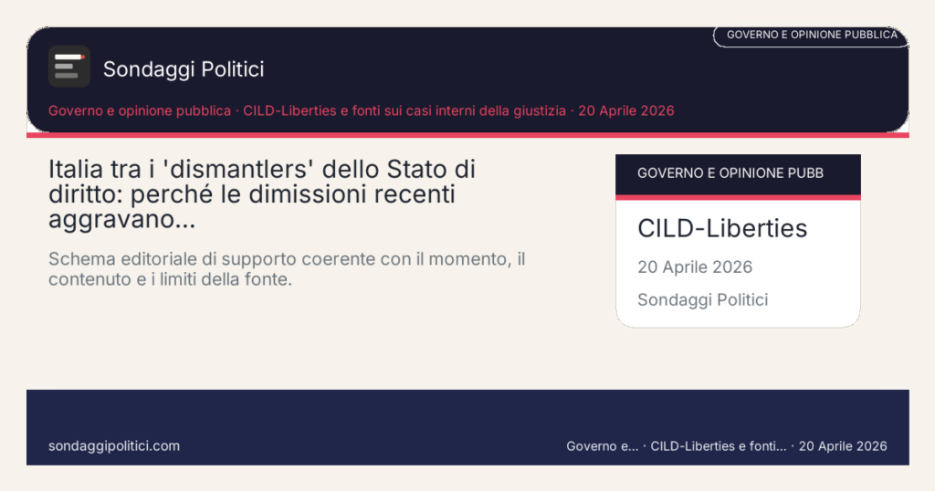Card editoriale CILD-Liberties e fonti sui casi interni della giustizia Contesto, domanda politica e criteri di lettura: Italia tra i 'dismantlers' dello Stato di diritto: perché le dimissioni recenti aggravano…. Schema editoriale di supporto coerente con il momento, il contenuto e i limiti della fonte.. Contenuto source-based: leggere sempre insieme a fonte primaria, metodo e limiti.