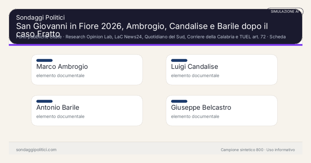 Visual simulazione AI Fonti pubbliche citate Scheda documentale senza percentuali di sondaggio.: San Giovanni in Fiore 2026, Ambrogio, Candalise e Barile dopo il caso Fratto. Risultati: Marco Ambrogio elemento documentale, Luigi Candalise elemento documentale, Antonio Barile elemento documentale. Simulazione AI: non è un sondaggio reale né una rilevazione campionaria.