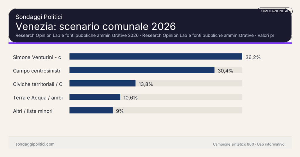 Visual simulazione AI Research Opinion Lab e fonti pubbliche amministrative 2026 Valori prodotti dal Research Opinion Lab e da leggere come scenario editoriale.: Venezia: scenario comunale 2026. Risultati: Simone Venturini - centrodestra/continuità Brugnaro 36,2%, Campo centrosinistra e progressista 30,4%, Civiche territoriali / Città Vive 13,8%. Simulazione AI: non è un sondaggio reale né una rilevazione campionaria.