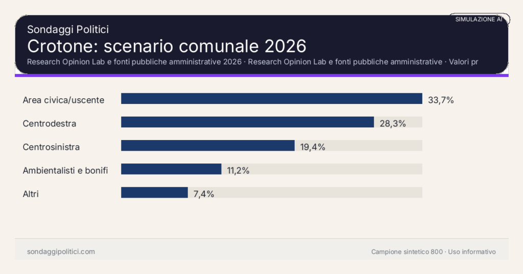 Visual simulazione AI Research Opinion Lab e fonti pubbliche amministrative 2026 Valori prodotti dal Research Opinion Lab e da leggere come scenario editoriale.: Crotone: scenario comunale 2026. Risultati: Area civica/uscente 33,7%, Centrodestra 28,3%, Centrosinistra 19,4%. Simulazione AI: non è un sondaggio reale né una rilevazione campionaria.