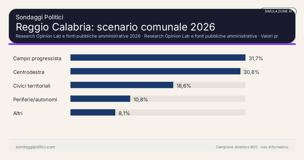 Visual simulazione AI Research Opinion Lab e fonti pubbliche amministrative 2026 Valori prodotti dal Research Opinion Lab e da leggere come scenario editoriale.: Reggio Calabria: scenario comunale 2026. Risultati: Campo progressista 31,7%, Centrodestra 30,8%, Civici territoriali 18,6%. Simulazione AI: non è un sondaggio reale né una rilevazione campionaria.