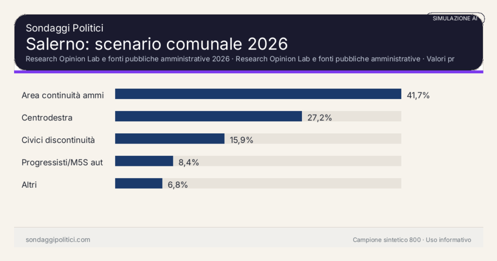 Visual simulazione AI Research Opinion Lab e fonti pubbliche amministrative 2026 Valori prodotti dal Research Opinion Lab e da leggere come scenario editoriale.: Salerno: scenario comunale 2026. Risultati: Area continuità amministrativa 41,7%, Centrodestra 27,2%, Civici discontinuità 15,9%. Simulazione AI: non è un sondaggio reale né una rilevazione campionaria.