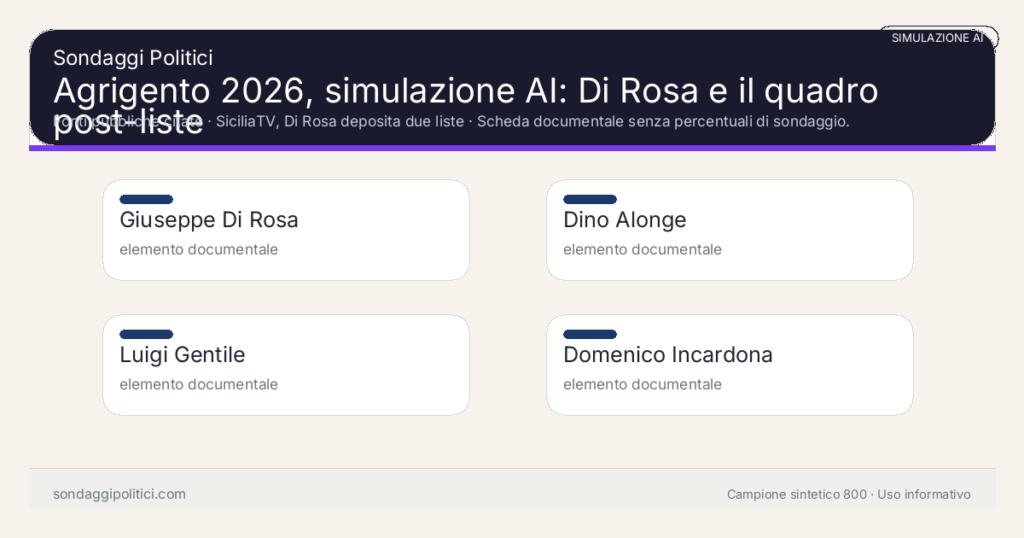 Visual simulazione AI Fonti pubbliche citate Scheda documentale senza percentuali di sondaggio.: Agrigento 2026, simulazione AI: Di Rosa e il quadro post-liste. Risultati: Giuseppe Di Rosa elemento documentale, Dino Alonge elemento documentale, Luigi Gentile elemento documentale. Simulazione AI: non è un sondaggio reale né una rilevazione campionaria.