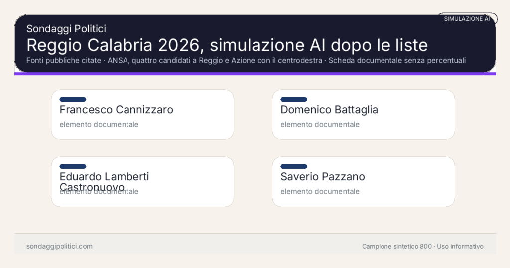 Visual simulazione AI Fonti pubbliche citate Scheda documentale senza percentuali di sondaggio.: Reggio Calabria 2026, simulazione AI dopo le liste. Risultati: Francesco Cannizzaro elemento documentale, Domenico Battaglia elemento documentale, Eduardo Lamberti Castronuovo elemento documentale. Simulazione AI: non è un sondaggio reale né una rilevazione campionaria.