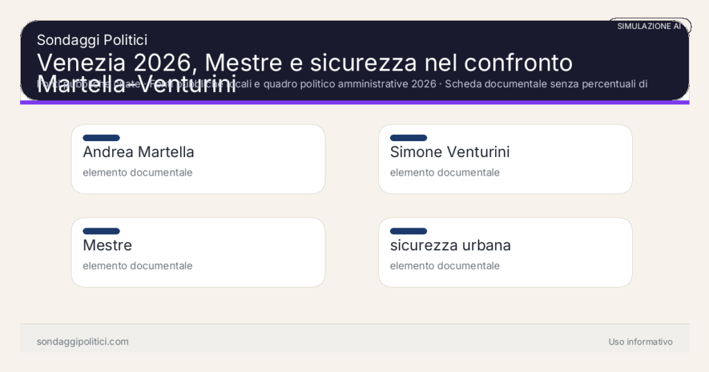 Visual simulazione AI Fonti pubbliche citate Scheda documentale senza percentuali di sondaggio.: Venezia 2026, Mestre e sicurezza nel confronto Martella-Venturini. Risultati: Andrea Martella elemento documentale, Simone Venturini elemento documentale, Mestre elemento documentale. Simulazione AI: non è un sondaggio reale né una rilevazione campionaria.
