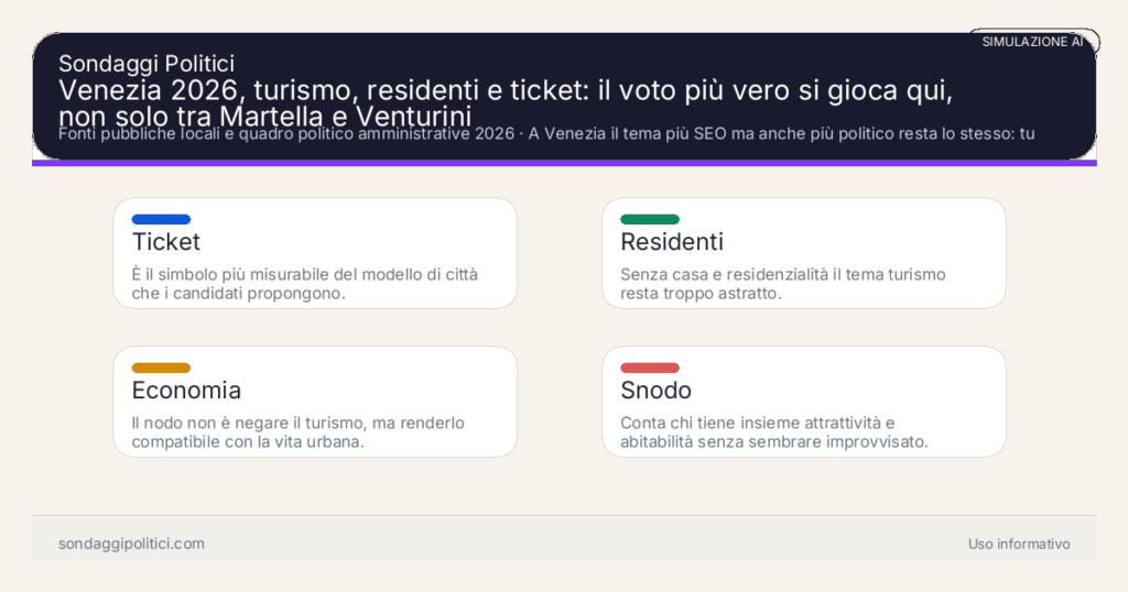 Visual simulazione AI Fonti pubbliche locali e quadro politico amministrative 2026 A Venezia il tema più SEO ma anche più politico resta lo stesso: turismo, residenti e ticket possono decidere il giudizio sul modello di città.: Venezia 2026, turismo, residenti e ticket: il voto più vero si gioca qui, non solo tra Martella e Venturini. Risultati: Ticket È il simbolo più misurabile del modello di città che i candidati propongono., Residenti Senza casa e residenzialità il tema turismo resta troppo astratto., Economia Il nodo non è negare il turismo, ma renderlo compatibile con la vita urbana.. Lettura editoriale di scenario: non è un sondaggio reale e non misura intenzioni di voto raccolte.