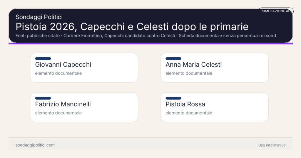 Visual simulazione AI Fonti pubbliche citate Scheda documentale senza percentuali di sondaggio.: Pistoia 2026, Capecchi e Celesti dopo le primarie. Risultati: Giovanni Capecchi elemento documentale, Anna Maria Celesti elemento documentale, Fabrizio Mancinelli elemento documentale. Simulazione AI: non è un sondaggio reale né una rilevazione campionaria.