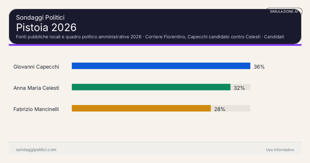 Visual simulazione AI Fonti pubbliche locali e quadro politico amministrative 2026 Candidati/lista da fonti aggiornate; valori grafici editoriali, non demoscopici.: Pistoia 2026. Risultati: Giovanni Capecchi 36%, Anna Maria Celesti 32%, Fabrizio Mancinelli 28%. Simulazione AI dichiarata o aggiornamento editoriale: nessun campione reale intervistato.