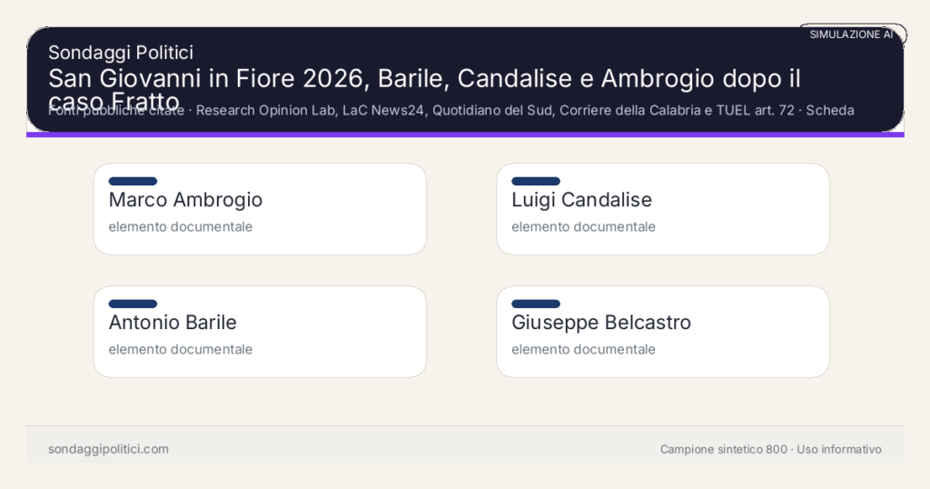 Visual simulazione AI Fonti pubbliche citate Scheda documentale senza percentuali di sondaggio.: San Giovanni in Fiore 2026, Barile, Candalise e Ambrogio dopo il caso Fratto. Risultati: Marco Ambrogio elemento documentale, Luigi Candalise elemento documentale, Antonio Barile elemento documentale. Simulazione AI: non è un sondaggio reale né una rilevazione campionaria.
