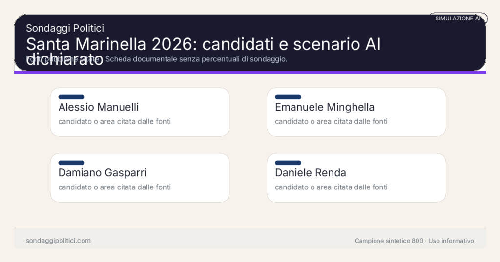 Visual simulazione AI Fonti pubbliche citate Scheda documentale senza percentuali di sondaggio.: Santa Marinella 2026: candidati e scenario AI dichiarato. Risultati: Alessio Manuelli candidato o area citata dalle fonti, Emanuele Minghella candidato o area citata dalle fonti, Damiano Gasparri candidato o area citata dalle fonti. Simulazione AI: non è un sondaggio reale né una rilevazione campionaria.