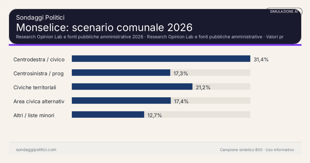Visual simulazione AI Research Opinion Lab e fonti pubbliche amministrative 2026 Valori prodotti dal Research Opinion Lab e da leggere come scenario editoriale.: Monselice: scenario comunale 2026. Risultati: Centrodestra / civico moderato 31,4%, Centrosinistra / progressista 17,3%, Civiche territoriali 21,2%. Simulazione AI: non è un sondaggio reale né una rilevazione campionaria.
