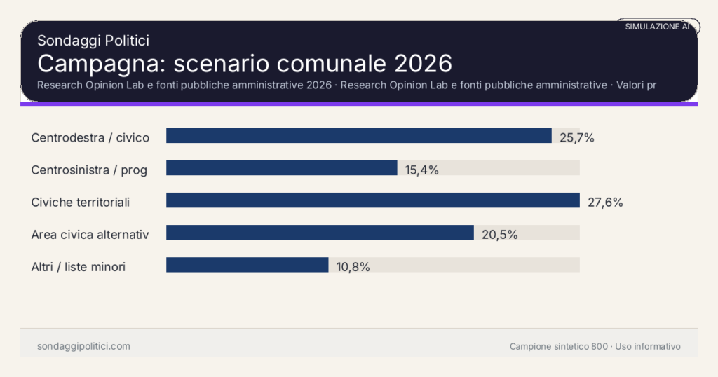 Visual simulazione AI Research Opinion Lab e fonti pubbliche amministrative 2026 Valori prodotti dal Research Opinion Lab e da leggere come scenario editoriale.: Campagna: scenario comunale 2026. Risultati: Centrodestra / civico moderato 25,7%, Centrosinistra / progressista 15,4%, Civiche territoriali 27,6%. Simulazione AI: non è un sondaggio reale né una rilevazione campionaria.