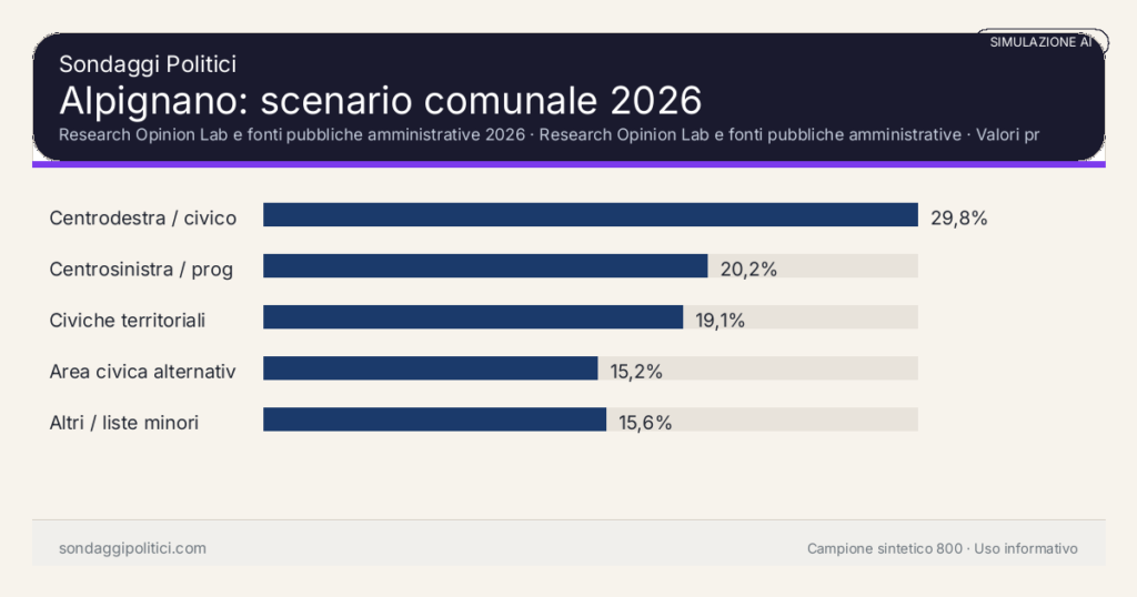 Visual simulazione AI Research Opinion Lab e fonti pubbliche amministrative 2026 Valori prodotti dal Research Opinion Lab e da leggere come scenario editoriale.: Alpignano: scenario comunale 2026. Risultati: Centrodestra / civico moderato 29,8%, Centrosinistra / progressista 20,2%, Civiche territoriali 19,1%. Simulazione AI: non è un sondaggio reale né una rilevazione campionaria.