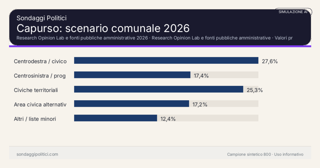 Visual simulazione AI Research Opinion Lab e fonti pubbliche amministrative 2026 Valori prodotti dal Research Opinion Lab e da leggere come scenario editoriale.: Capurso: scenario comunale 2026. Risultati: Centrodestra / civico moderato 27,6%, Centrosinistra / progressista 17,4%, Civiche territoriali 25,3%. Simulazione AI: non è un sondaggio reale né una rilevazione campionaria.