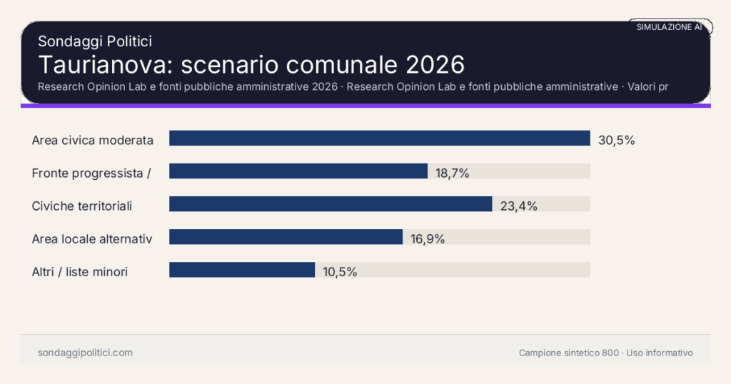 Visual simulazione AI Research Opinion Lab e fonti pubbliche amministrative 2026 Valori prodotti dal Research Opinion Lab e da leggere come scenario editoriale.: Taurianova: scenario comunale 2026. Risultati: Area civica moderata 30,5%, Fronte progressista / civico 18,7%, Civiche territoriali 23,4%. Simulazione AI: non è un sondaggio reale né una rilevazione campionaria.
