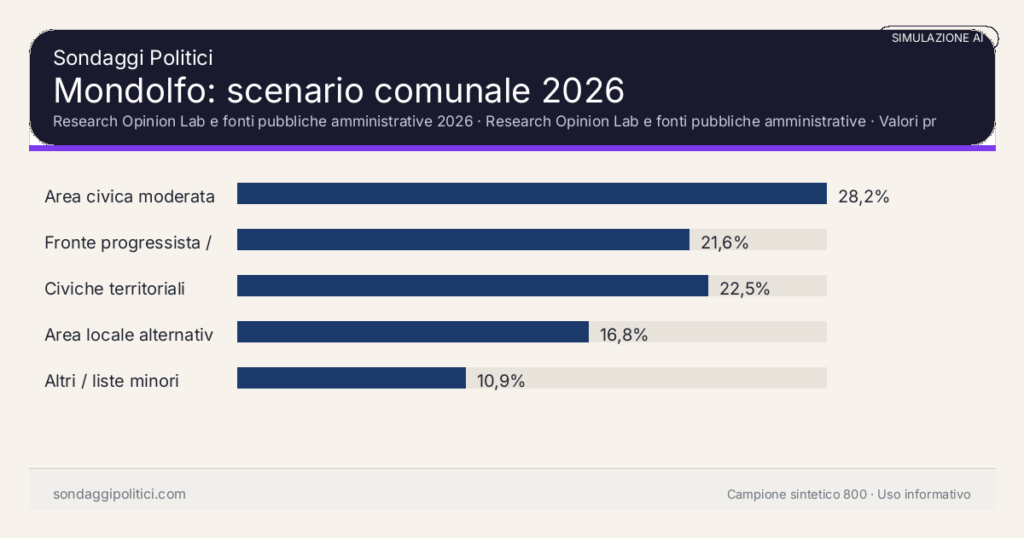 Visual simulazione AI Research Opinion Lab e fonti pubbliche amministrative 2026 Valori prodotti dal Research Opinion Lab e da leggere come scenario editoriale.: Mondolfo: scenario comunale 2026. Risultati: Area civica moderata 28,2%, Fronte progressista / civico 21,6%, Civiche territoriali 22,5%. Simulazione AI: non è un sondaggio reale né una rilevazione campionaria.