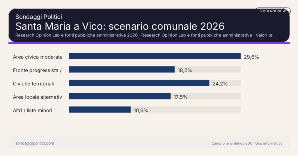 Visual simulazione AI Research Opinion Lab e fonti pubbliche amministrative 2026 Valori prodotti dal Research Opinion Lab e da leggere come scenario editoriale.: Santa Maria a Vico: scenario comunale 2026. Risultati: Area civica moderata 29,6%, Fronte progressista / civico 18,2%, Civiche territoriali 24,2%. Simulazione AI: non è un sondaggio reale né una rilevazione campionaria.