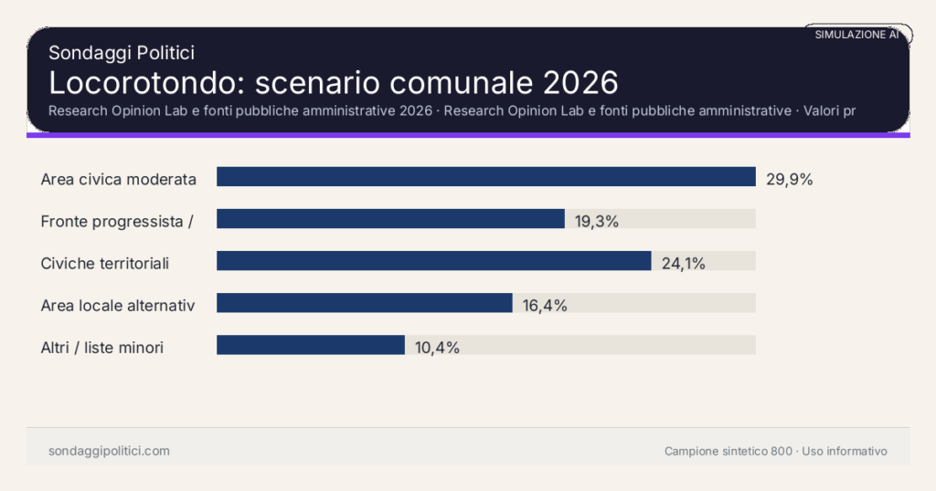 Visual simulazione AI Research Opinion Lab e fonti pubbliche amministrative 2026 Valori prodotti dal Research Opinion Lab e da leggere come scenario editoriale.: Locorotondo: scenario comunale 2026. Risultati: Area civica moderata 29,9%, Fronte progressista / civico 19,3%, Civiche territoriali 24,1%. Simulazione AI: non è un sondaggio reale né una rilevazione campionaria.