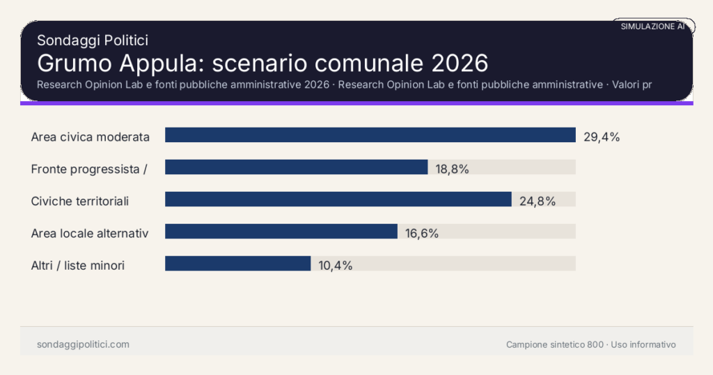 Visual simulazione AI Research Opinion Lab e fonti pubbliche amministrative 2026 Valori prodotti dal Research Opinion Lab e da leggere come scenario editoriale.: Grumo Appula: scenario comunale 2026. Risultati: Area civica moderata 29,4%, Fronte progressista / civico 18,8%, Civiche territoriali 24,8%. Simulazione AI: non è un sondaggio reale né una rilevazione campionaria.