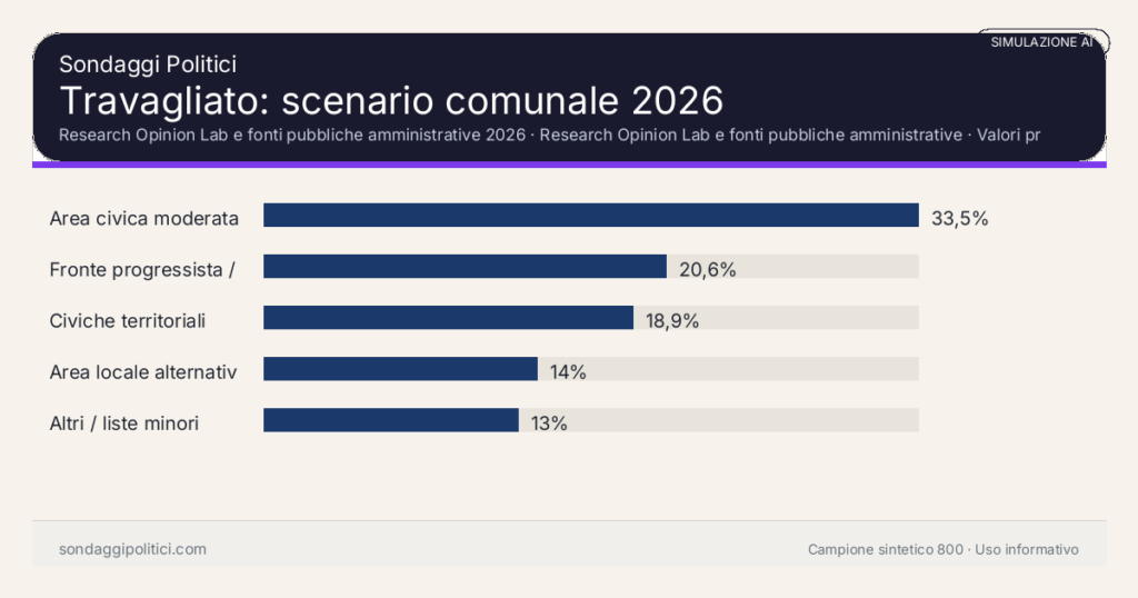Visual simulazione AI Research Opinion Lab e fonti pubbliche amministrative 2026 Valori prodotti dal Research Opinion Lab e da leggere come scenario editoriale.: Travagliato: scenario comunale 2026. Risultati: Area civica moderata 33,5%, Fronte progressista / civico 20,6%, Civiche territoriali 18,9%. Simulazione AI: non è un sondaggio reale né una rilevazione campionaria.