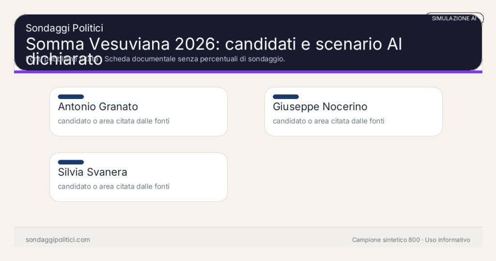 Visual simulazione AI Fonti pubbliche citate Scheda documentale senza percentuali di sondaggio.: Somma Vesuviana 2026: candidati e scenario AI dichiarato. Risultati: Antonio Granato candidato o area citata dalle fonti, Giuseppe Nocerino candidato o area citata dalle fonti, Silvia Svanera candidato o area citata dalle fonti. Simulazione AI: non è un sondaggio reale né una rilevazione campionaria.