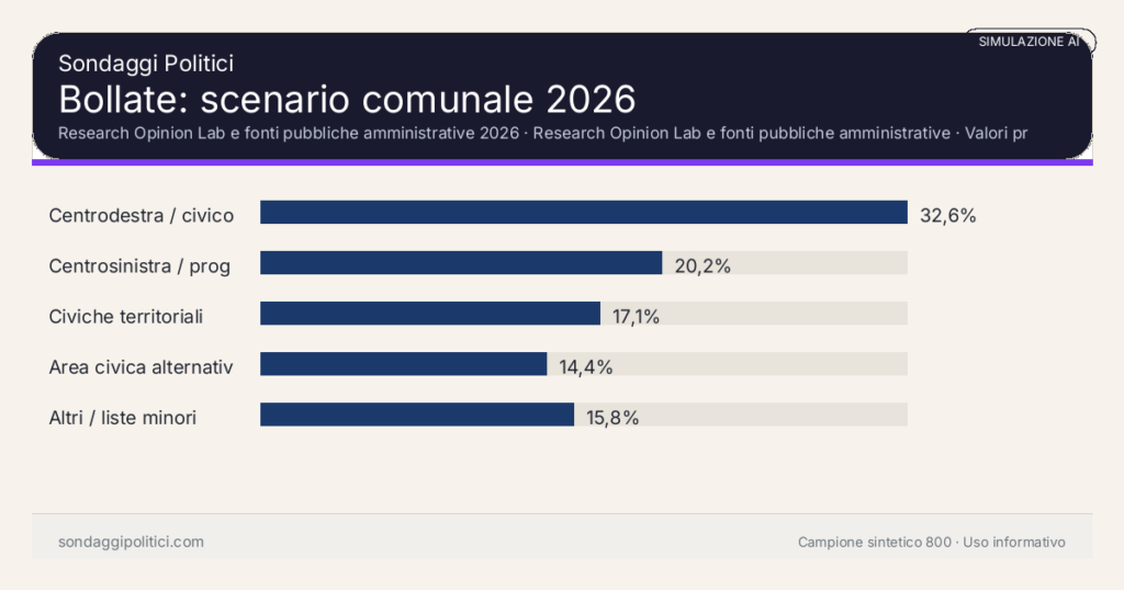 Visual simulazione AI Research Opinion Lab e fonti pubbliche amministrative 2026 Valori prodotti dal Research Opinion Lab e da leggere come scenario editoriale.: Bollate: scenario comunale 2026. Risultati: Centrodestra / civico moderato 32,6%, Centrosinistra / progressista 20,2%, Civiche territoriali 17,1%. Simulazione AI: non è un sondaggio reale né una rilevazione campionaria.