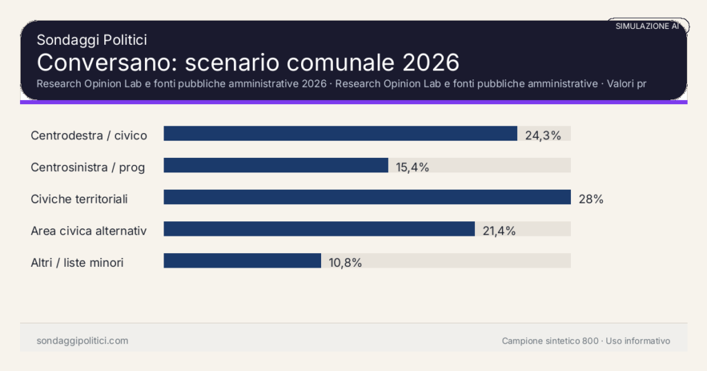 Visual simulazione AI Research Opinion Lab e fonti pubbliche amministrative 2026 Valori prodotti dal Research Opinion Lab e da leggere come scenario editoriale.: Conversano: scenario comunale 2026. Risultati: Centrodestra / civico moderato 24,3%, Centrosinistra / progressista 15,4%, Civiche territoriali 28%. Simulazione AI: non è un sondaggio reale né una rilevazione campionaria.