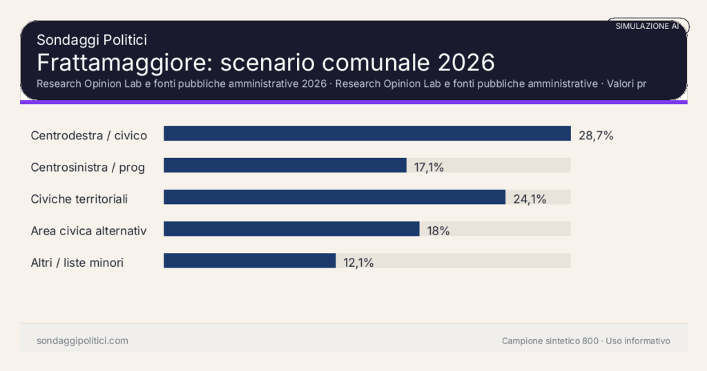 Visual simulazione AI Research Opinion Lab e fonti pubbliche amministrative 2026 Valori prodotti dal Research Opinion Lab e da leggere come scenario editoriale.: Frattamaggiore: scenario comunale 2026. Risultati: Centrodestra / civico moderato 28,7%, Centrosinistra / progressista 17,1%, Civiche territoriali 24,1%. Simulazione AI: non è un sondaggio reale né una rilevazione campionaria.