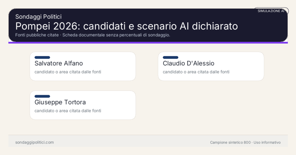 Visual simulazione AI Fonti pubbliche citate Scheda documentale senza percentuali di sondaggio.: Pompei 2026: candidati e scenario AI dichiarato. Risultati: Salvatore Alfano candidato o area citata dalle fonti, Claudio D'Alessio candidato o area citata dalle fonti, Giuseppe Tortora candidato o area citata dalle fonti. Simulazione AI: non è un sondaggio reale né una rilevazione campionaria.