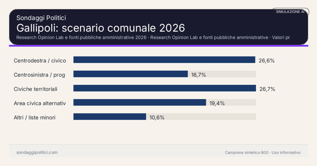 Visual simulazione AI Research Opinion Lab e fonti pubbliche amministrative 2026 Valori prodotti dal Research Opinion Lab e da leggere come scenario editoriale.: Gallipoli: scenario comunale 2026. Risultati: Centrodestra / civico moderato 26,6%, Centrosinistra / progressista 16,7%, Civiche territoriali 26,7%. Simulazione AI: non è un sondaggio reale né una rilevazione campionaria.
