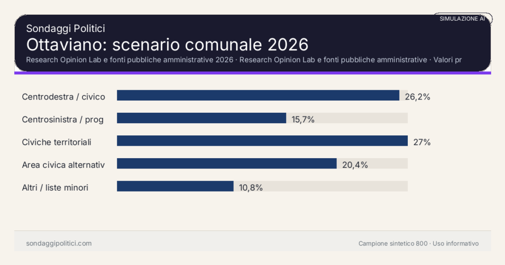 Visual simulazione AI Research Opinion Lab e fonti pubbliche amministrative 2026 Valori prodotti dal Research Opinion Lab e da leggere come scenario editoriale.: Ottaviano: scenario comunale 2026. Risultati: Centrodestra / civico moderato 26,2%, Centrosinistra / progressista 15,7%, Civiche territoriali 27%. Simulazione AI: non è un sondaggio reale né una rilevazione campionaria.