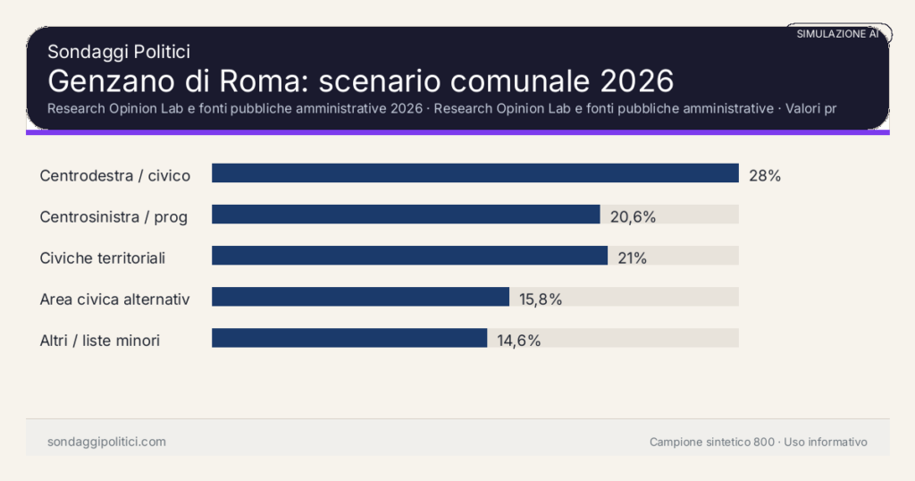 Visual simulazione AI Research Opinion Lab e fonti pubbliche amministrative 2026 Valori prodotti dal Research Opinion Lab e da leggere come scenario editoriale.: Genzano di Roma: scenario comunale 2026. Risultati: Centrodestra / civico moderato 28%, Centrosinistra / progressista 20,6%, Civiche territoriali 21%. Simulazione AI: non è un sondaggio reale né una rilevazione campionaria.