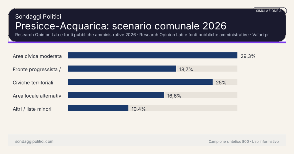 Visual simulazione AI Research Opinion Lab e fonti pubbliche amministrative 2026 Valori prodotti dal Research Opinion Lab e da leggere come scenario editoriale.: Presicce-Acquarica: scenario comunale 2026. Risultati: Area civica moderata 29,3%, Fronte progressista / civico 18,7%, Civiche territoriali 25%. Simulazione AI: non è un sondaggio reale né una rilevazione campionaria.