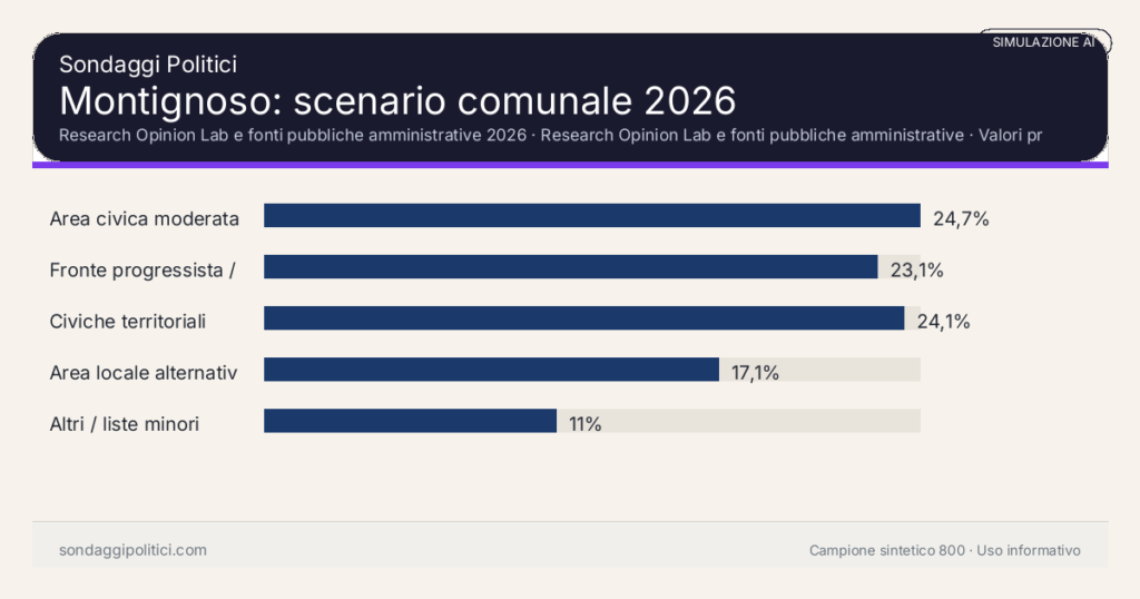 Visual simulazione AI Research Opinion Lab e fonti pubbliche amministrative 2026 Valori prodotti dal Research Opinion Lab e da leggere come scenario editoriale.: Montignoso: scenario comunale 2026. Risultati: Area civica moderata 24,7%, Fronte progressista / civico 23,1%, Civiche territoriali 24,1%. Simulazione AI: non è un sondaggio reale né una rilevazione campionaria.
