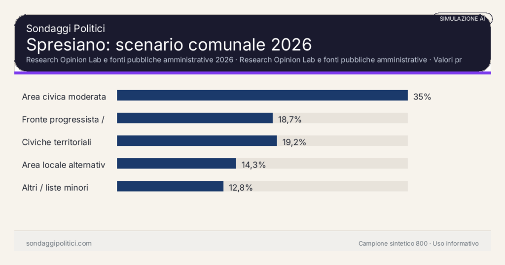 Visual simulazione AI Research Opinion Lab e fonti pubbliche amministrative 2026 Valori prodotti dal Research Opinion Lab e da leggere come scenario editoriale.: Spresiano: scenario comunale 2026. Risultati: Area civica moderata 35%, Fronte progressista / civico 18,7%, Civiche territoriali 19,2%. Simulazione AI: non è un sondaggio reale né una rilevazione campionaria.