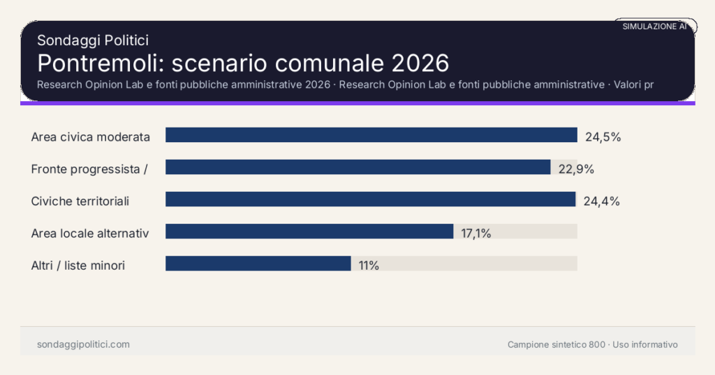 Visual simulazione AI Research Opinion Lab e fonti pubbliche amministrative 2026 Valori prodotti dal Research Opinion Lab e da leggere come scenario editoriale.: Pontremoli: scenario comunale 2026. Risultati: Area civica moderata 24,5%, Fronte progressista / civico 22,9%, Civiche territoriali 24,4%. Simulazione AI: non è un sondaggio reale né una rilevazione campionaria.