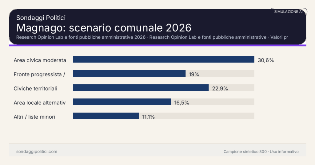 Visual simulazione AI Research Opinion Lab e fonti pubbliche amministrative 2026 Valori prodotti dal Research Opinion Lab e da leggere come scenario editoriale.: Magnago: scenario comunale 2026. Risultati: Area civica moderata 30,6%, Fronte progressista / civico 19%, Civiche territoriali 22,9%. Simulazione AI: non è un sondaggio reale né una rilevazione campionaria.