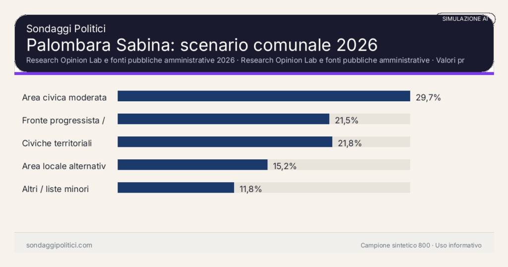 Visual simulazione AI Research Opinion Lab e fonti pubbliche amministrative 2026 Valori prodotti dal Research Opinion Lab e da leggere come scenario editoriale.: Palombara Sabina: scenario comunale 2026. Risultati: Area civica moderata 29,7%, Fronte progressista / civico 21,5%, Civiche territoriali 21,8%. Simulazione AI: non è un sondaggio reale né una rilevazione campionaria.
