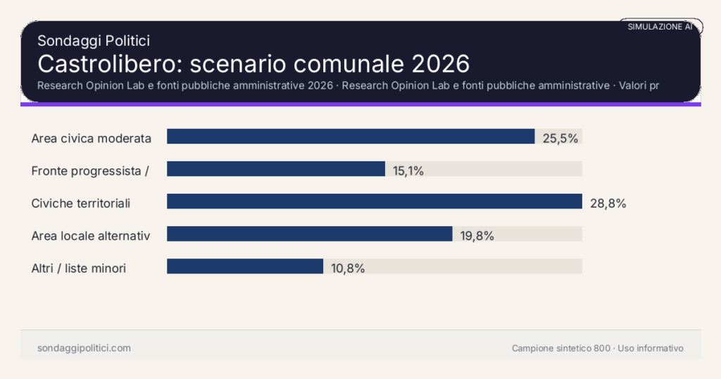 Visual simulazione AI Research Opinion Lab e fonti pubbliche amministrative 2026 Valori prodotti dal Research Opinion Lab e da leggere come scenario editoriale.: Castrolibero: scenario comunale 2026. Risultati: Area civica moderata 25,5%, Fronte progressista / civico 15,1%, Civiche territoriali 28,8%. Simulazione AI: non è un sondaggio reale né una rilevazione campionaria.