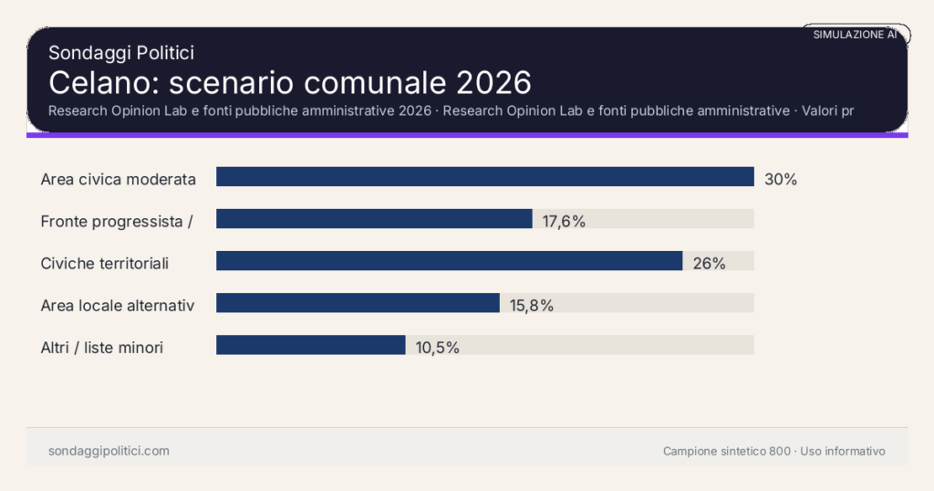 Visual simulazione AI Research Opinion Lab e fonti pubbliche amministrative 2026 Valori prodotti dal Research Opinion Lab e da leggere come scenario editoriale.: Celano: scenario comunale 2026. Risultati: Area civica moderata 30%, Fronte progressista / civico 17,6%, Civiche territoriali 26%. Simulazione AI: non è un sondaggio reale né una rilevazione campionaria.