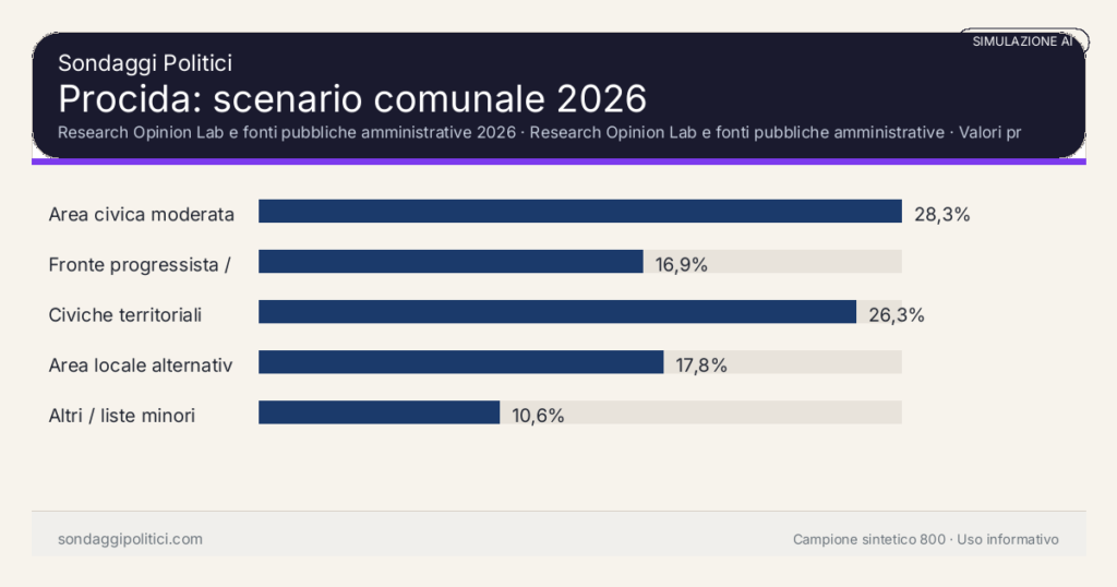 Visual simulazione AI Research Opinion Lab e fonti pubbliche amministrative 2026 Valori prodotti dal Research Opinion Lab e da leggere come scenario editoriale.: Procida: scenario comunale 2026. Risultati: Area civica moderata 28,3%, Fronte progressista / civico 16,9%, Civiche territoriali 26,3%. Simulazione AI: non è un sondaggio reale né una rilevazione campionaria.